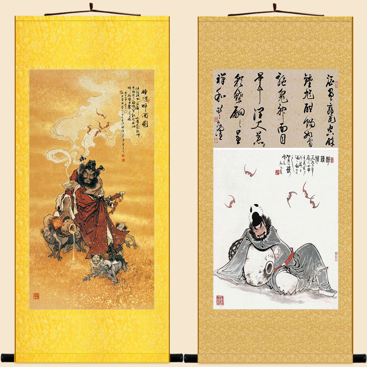 钟馗醉酒图画像 蝙蝠五福图卷轴挂画 客厅装饰画丝绸画来图定制