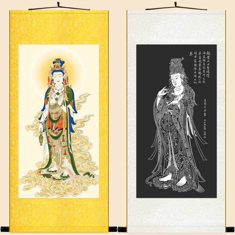 杨柳观音画像 柳枝观世音菩萨佛像画 佛堂丝绸画卷轴挂画装饰画