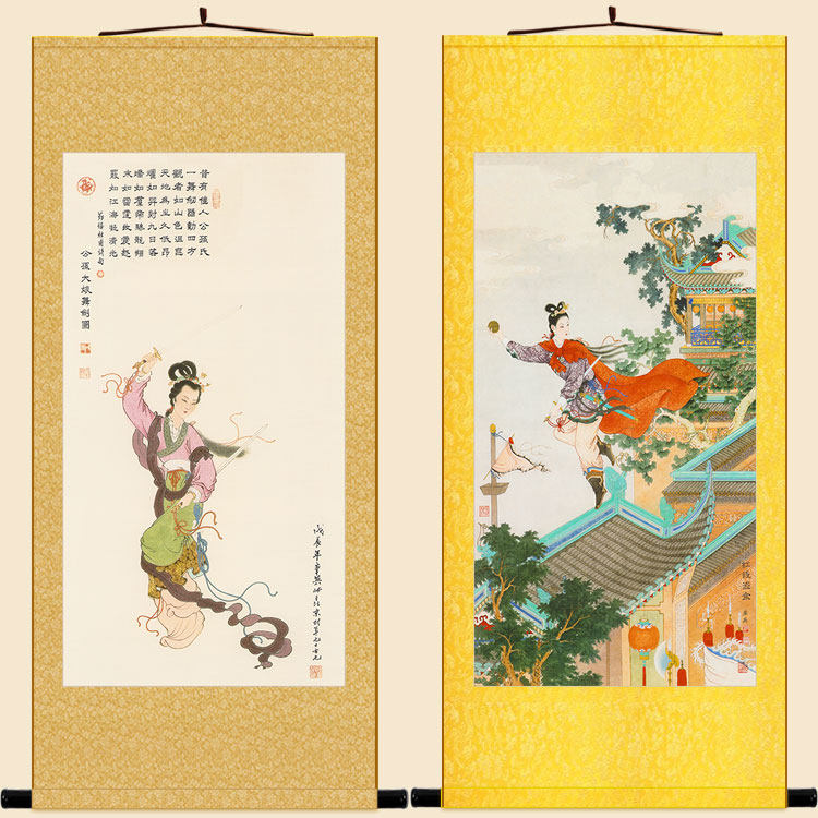 公孙大娘人物画像 红线盗盒图 女侠中式复古装饰画绢布卷轴挂画