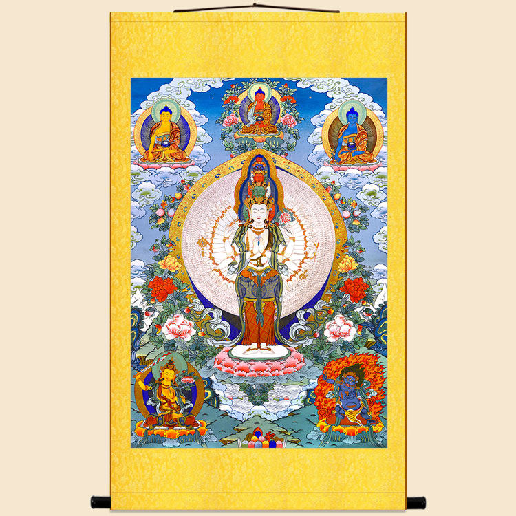 千手千眼观世音菩萨唐卡画像 藏传绢布佛像画 佛堂装饰画卷轴挂画