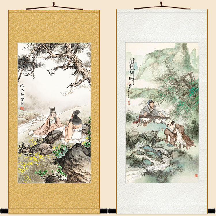 流水知音图画像 古代文人抚琴弹琴人物卷轴挂画 书房客厅装饰字画