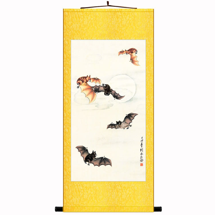 五福临门图 蝙蝠画像 吉祥风水卷轴挂画 中式复古客厅装饰画定制