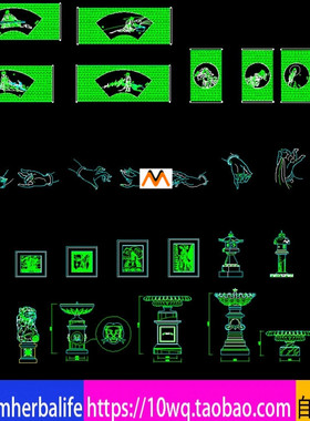 L916古建筑人物彩绘画图案石景灯狮子花钵室内盆景植物CAD图纸库