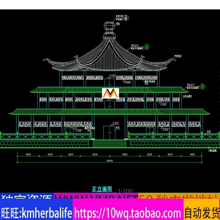L1176仿古建筑三重檐三层八角攒尖顶退台式观景观阁楼阁CAD施工图