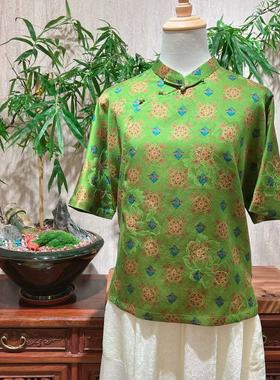 2025夏季气质绿色新中式国风短袖香云纱上衣旗袍立领侧开叉斜襟