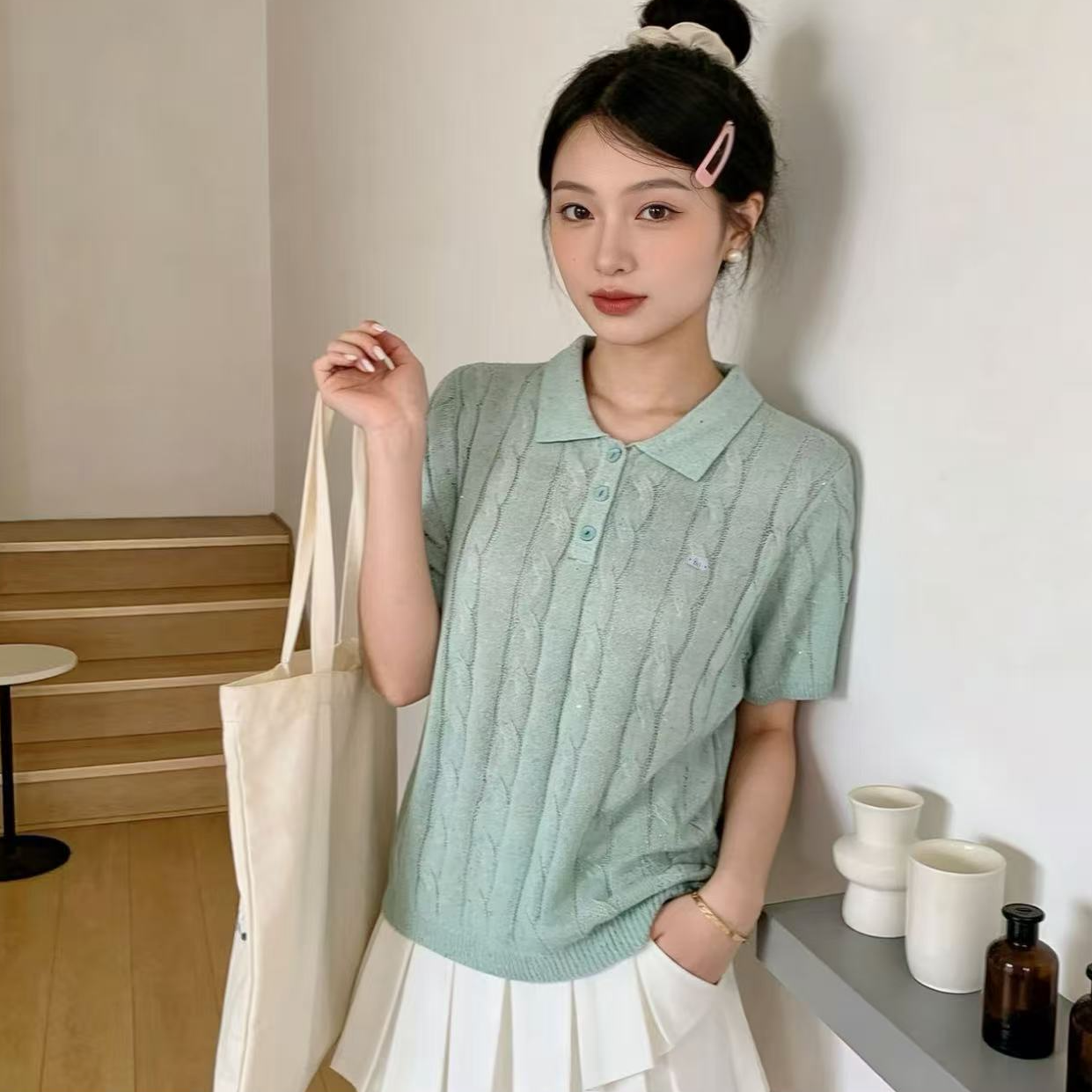 【小马亮片POLO衫】天爽亚麻莱赛尔亮片麻花针织POLO衫短袖2896