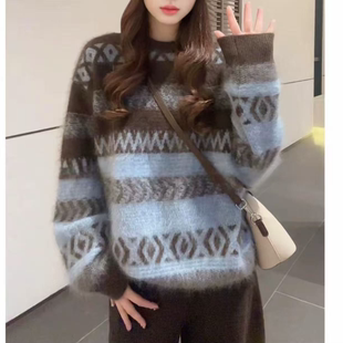 慵懒风费尔岛撞色几何圆领针织毛衣2525 暖冬费尔岛