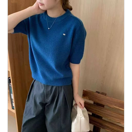 【插肩短袖】缝标纯色插肩针织短袖春季慵懒宽松新款T恤1327