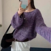 小个子慵懒风穿搭亮片针织套头衫 一字领灯笼袖 2003 星空亮片