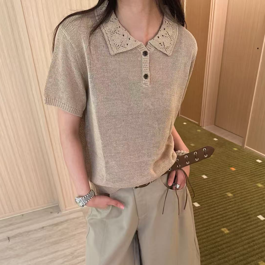 【雕花POLO领】天丝亚麻巨显瘦纸片人夏季镂空针织POLO衫短袖2980