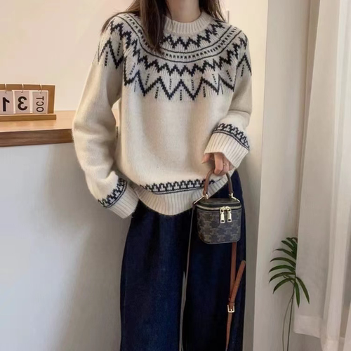 【费尔岛屿波浪纹】复古提花波浪秋季软糯撞色针织毛衣套头1142