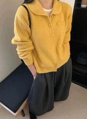 【赫本假日】韩系娃娃领包扣纯色加厚冬季针织开衫2393