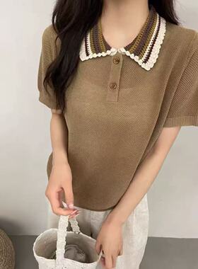 【摩卡布蕾】花边撞色POLO领细针莱赛尔韩版夏季针织短袖女2976