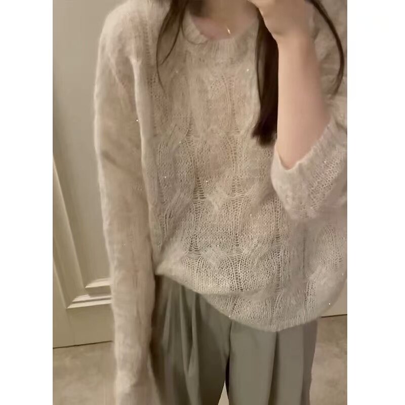 【杏仁牛乳】细闪亮片麻花轻奢慵懒宽松马海针织衫2777