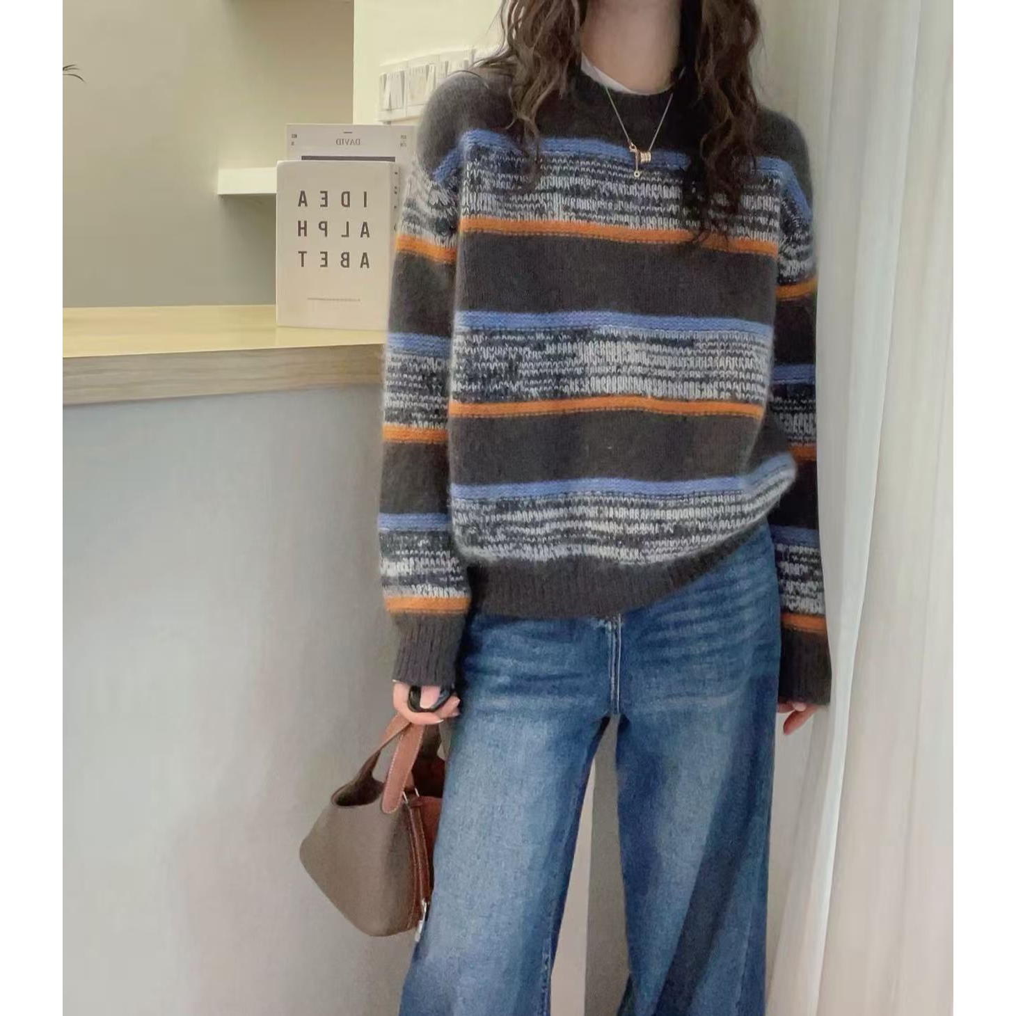 【条纹浣熊】复古条纹圆领显瘦宽松上衣女长袖毛衣针织衫2379,女装/女士精品,短外套,淘宝优惠券,粉丝福利购,淘宝优惠卷