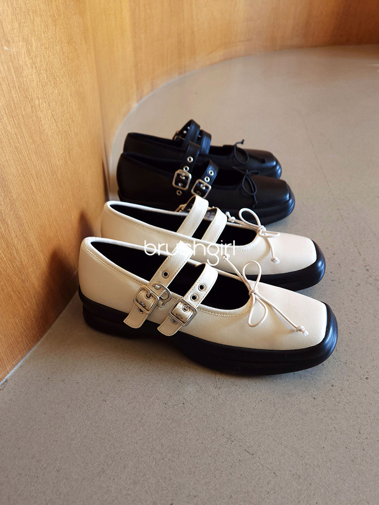 BRUSHGIRL 패셔너블한 발레슈즈 두꺼운 밑창 메리제인 한국세대 동대문 벨트 버클 리본 스퀘어 토 슈즈