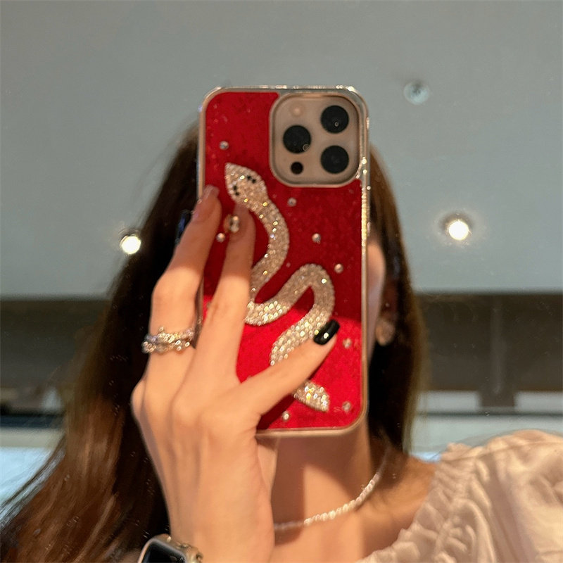 高级感适用苹果15ProMax手机壳16红色蛇纹闪钻皮套iPhone14pro保护套全包边iphone12/13蛇头新款女款奢华水钻