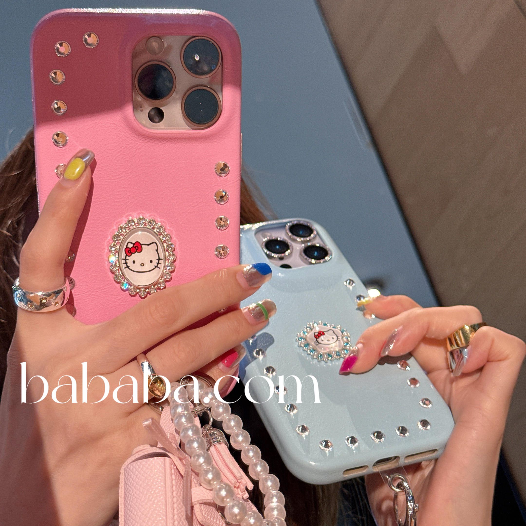 高级感粉蓝猫咪珍珠苹果17手机壳