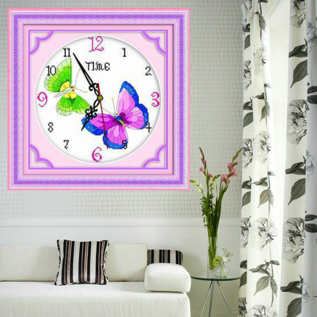 纯人工手绣十字绣成品新款钟表蝶舞(二)包邮现货不含钟芯表针