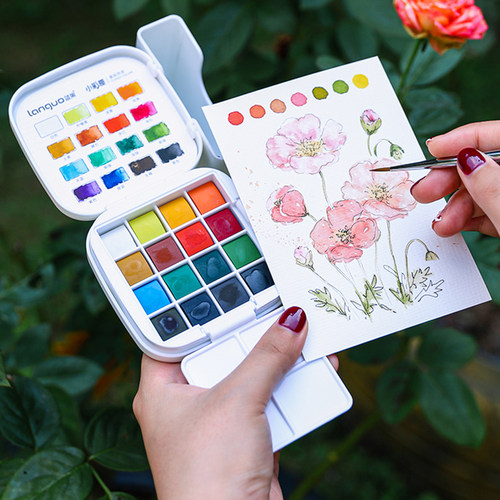 蓝果小彩匣16色固体水彩颜料套装迷你水彩颜料盒和摸鱼集小画本子