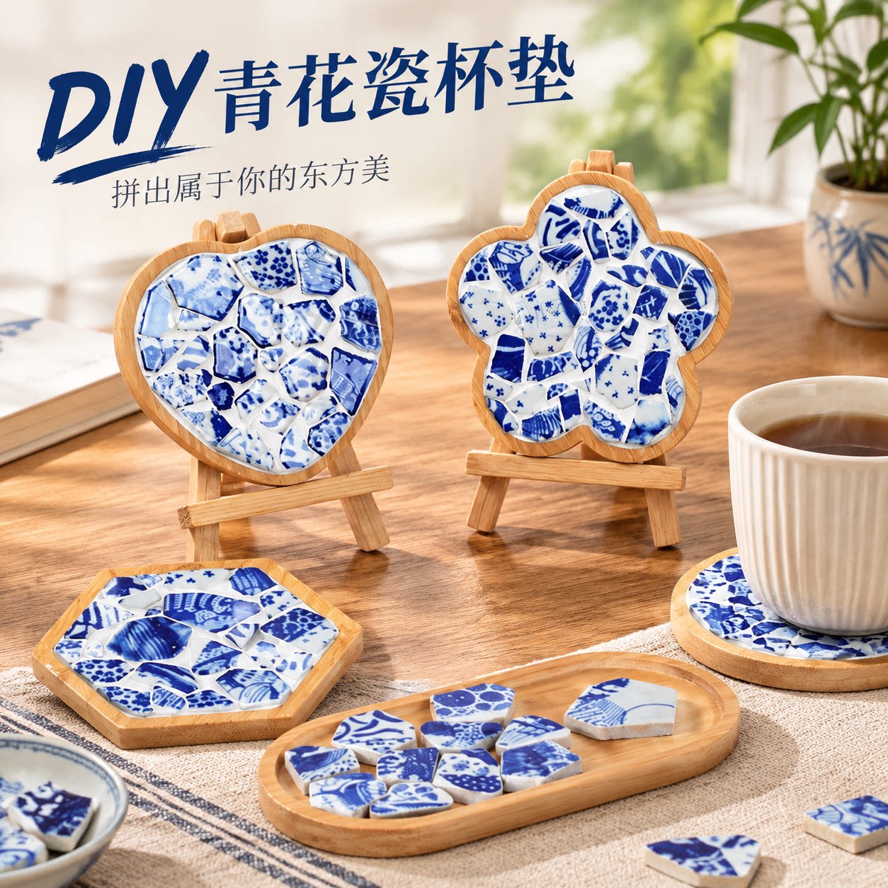 青花瓷杯垫diy材料包景德镇陶瓷碎片马赛克拼贴非遗手工团建活动