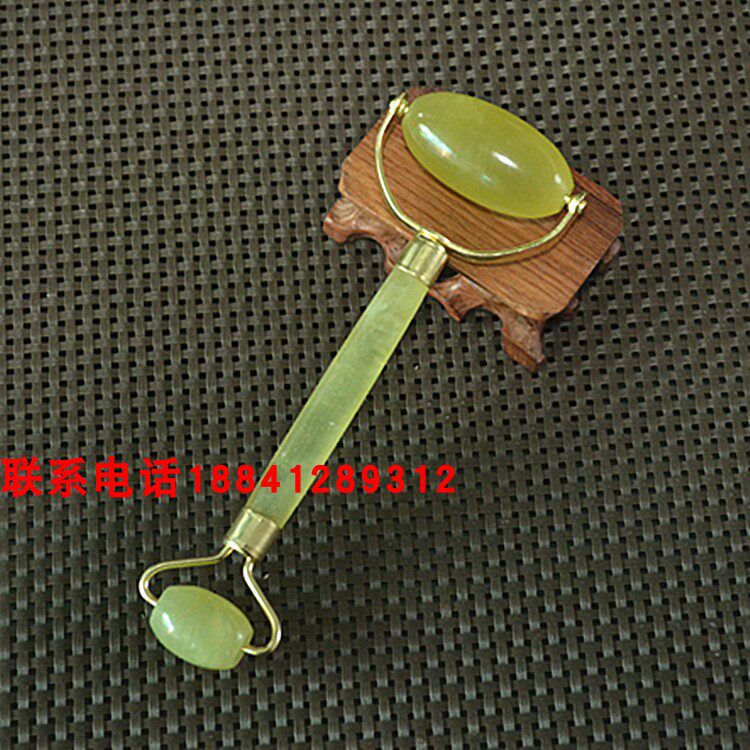 天然玉石美容器 岫玉按摩棒黄金玉滚轮神器 双头玉轮 朝鲜黄玉