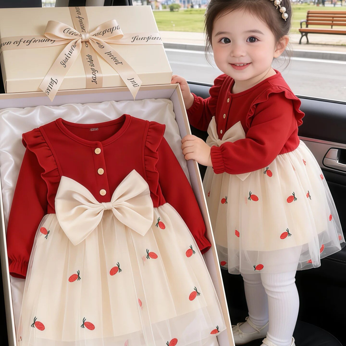 女宝宝春装长袖纱裙女童红色连衣裙婴儿生日礼服公主裙子春秋衣服