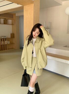 2025早秋花苞摆夹克短外套女韩系通勤卡其色套装不规则半身裙