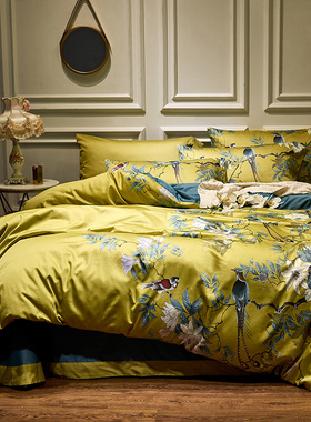 清仓新中式花鸟全棉60支贡缎四件套 纯棉新疆棉长绒棉美式田床品