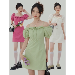 荷叶边设计感短袖 LOVEHEYNEW吊带露肩连衣裙女夏季 2022新款 中长裙