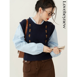 2023新款 LOVEHEYNEW法式 复古假两件毛衣女冬季 木耳边针织刺绣上衣