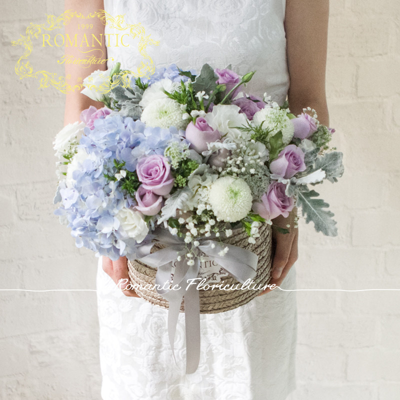 小情人清新日式自然风绣球浅粉玫瑰花篮混搭生日礼盒花艺北京花店