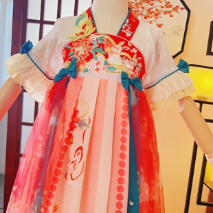 红色蝴蝶结齐胸女童短袖汉服2026春夏秋连衣裙古装刺绣女孩表演服
