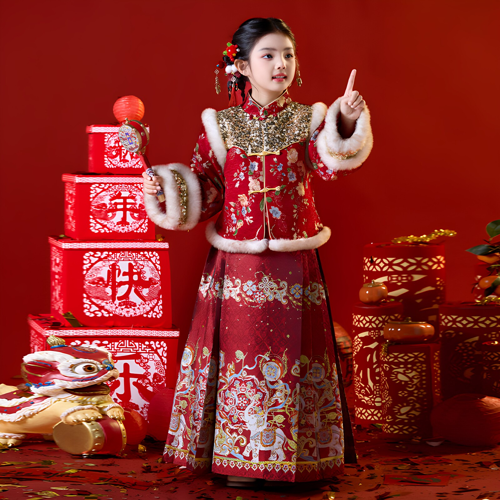 女童亮片加绒汉服裙两件套装冬装2026中国风马面裙冬季红色拜年服