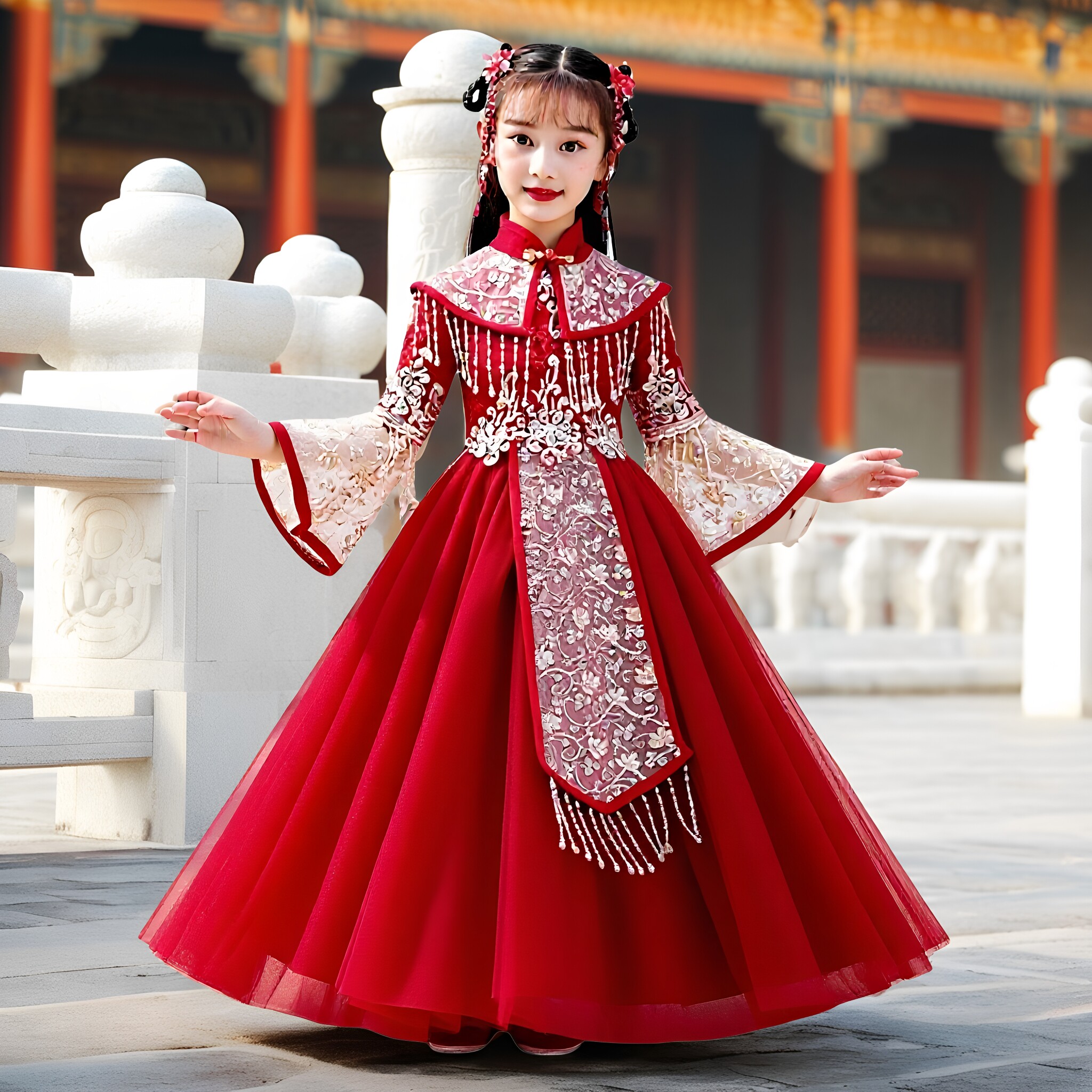 订珠流苏女童中式纱裙汉服中国风儿童古风唐装超仙女连衣裙古装秋