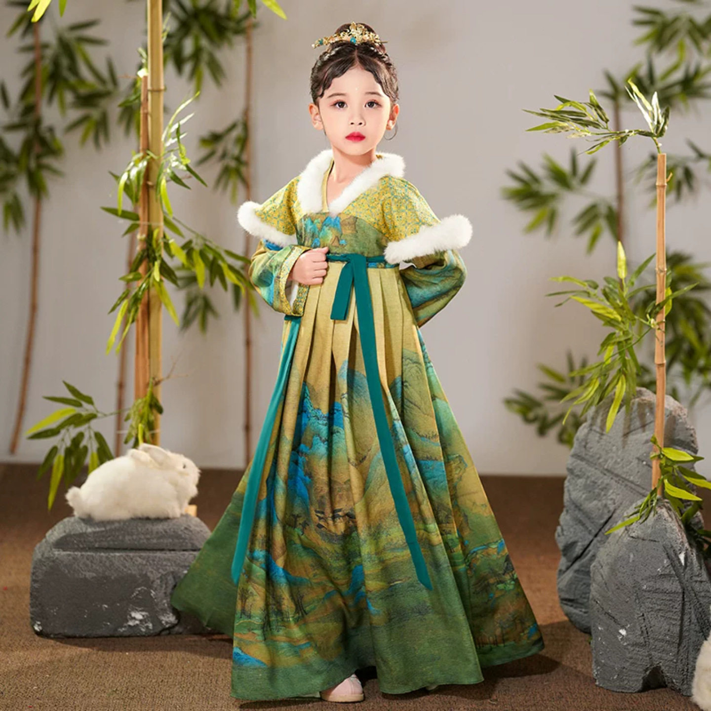 绿色千里江山图加绒汉服女童冬装新中式古风襦裙古装中国风连衣裙