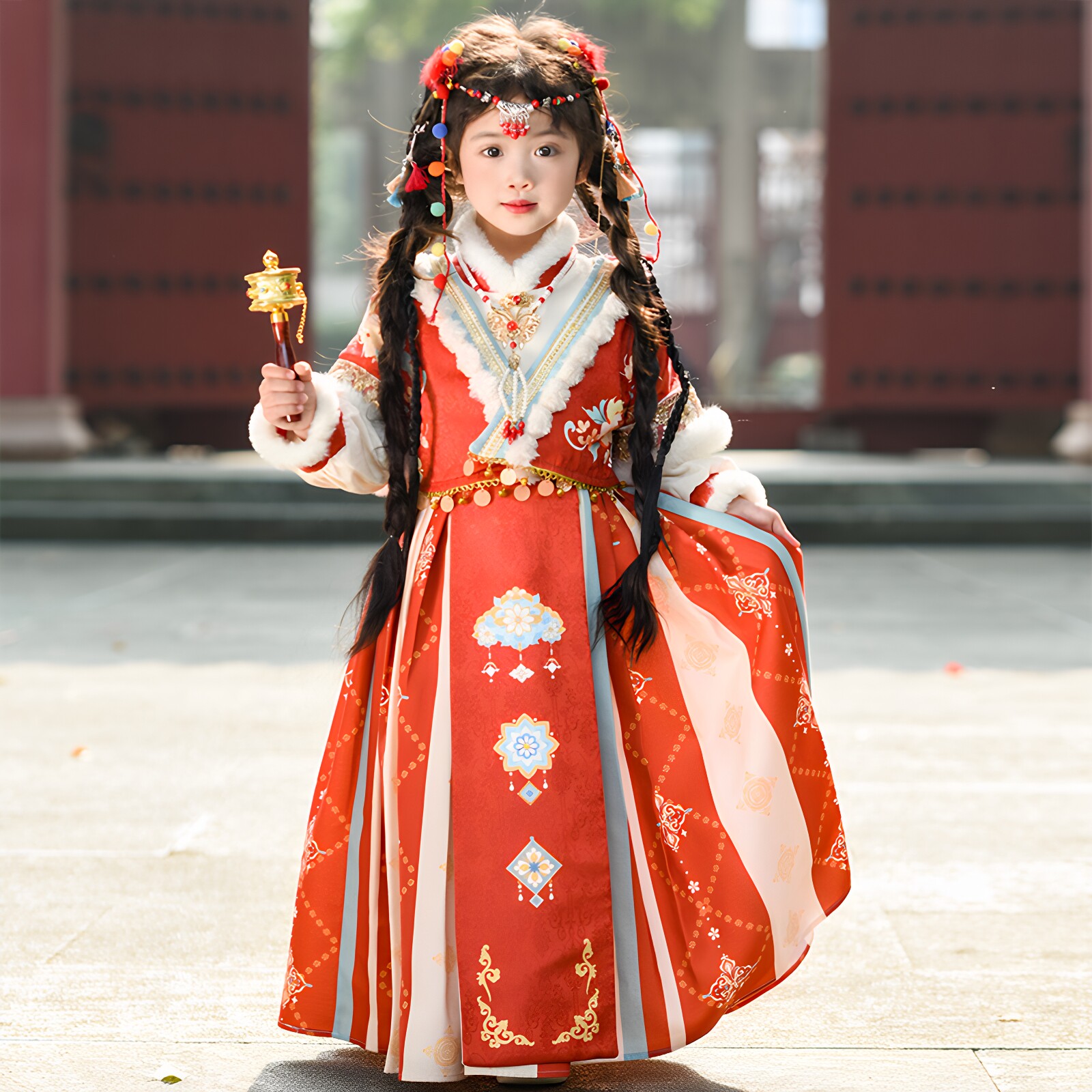 红色女童秋冬汉服加厚保暖拜年