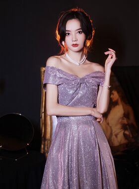出租一字肩紫色星空晚礼服