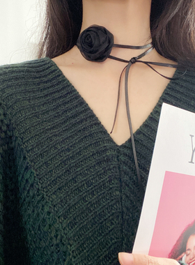 choker项链女网纱玫瑰花皮绳系带