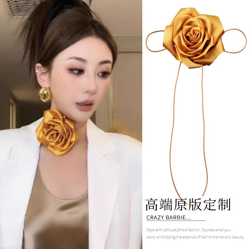 立体玫瑰花朵choker锁骨链颈链颈带系脖绑带颈花项链腰链两用系带