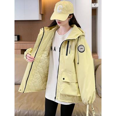 工装夹棉冲锋衣外套女秋冬季加绒加厚风衣2025新款初高中学生棉服