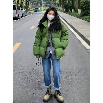 苏千雪羽绒服女短款冬季2025年新款加厚90白鸭绒宽松绿色面包服男