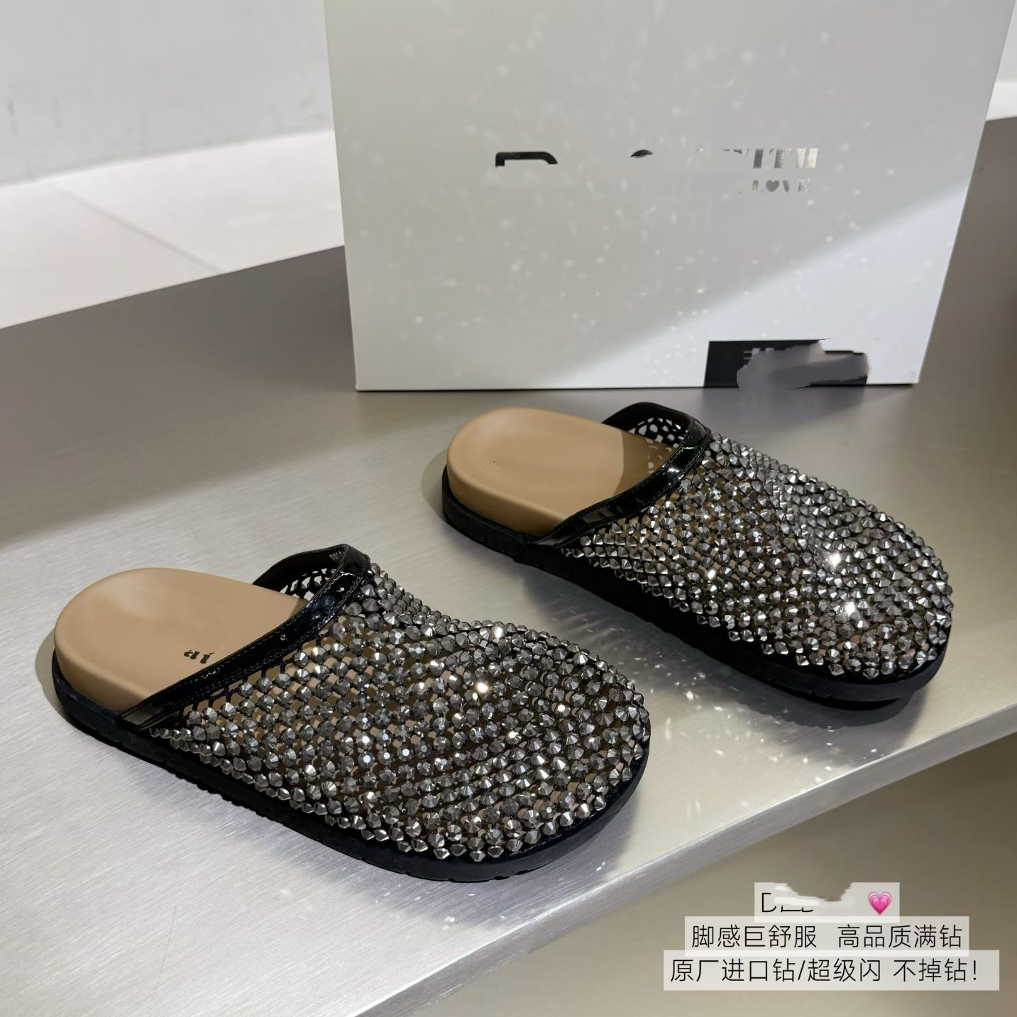 欧美风厚底懒人一脚蹬女鞋2026年新款爆闪水钻满钻渔网包头半拖鞋