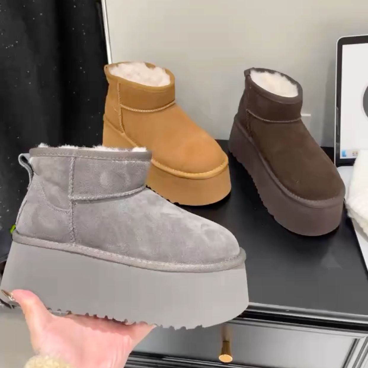 周冬雨同款厚底增高雪地靴女牛皮羊毛一体mini厚底纯羊毛短筒棉靴