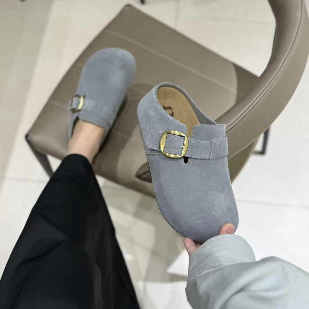 真皮厚底灰色勃肯拖鞋女2025新款增高皮带扣半拖一脚蹬包头拖外穿