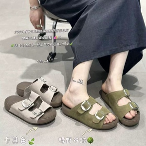 柔软牛皮~厚底吐司勃肯拖鞋女一字带凉拖鞋子真皮厚底外穿凉拖鞋