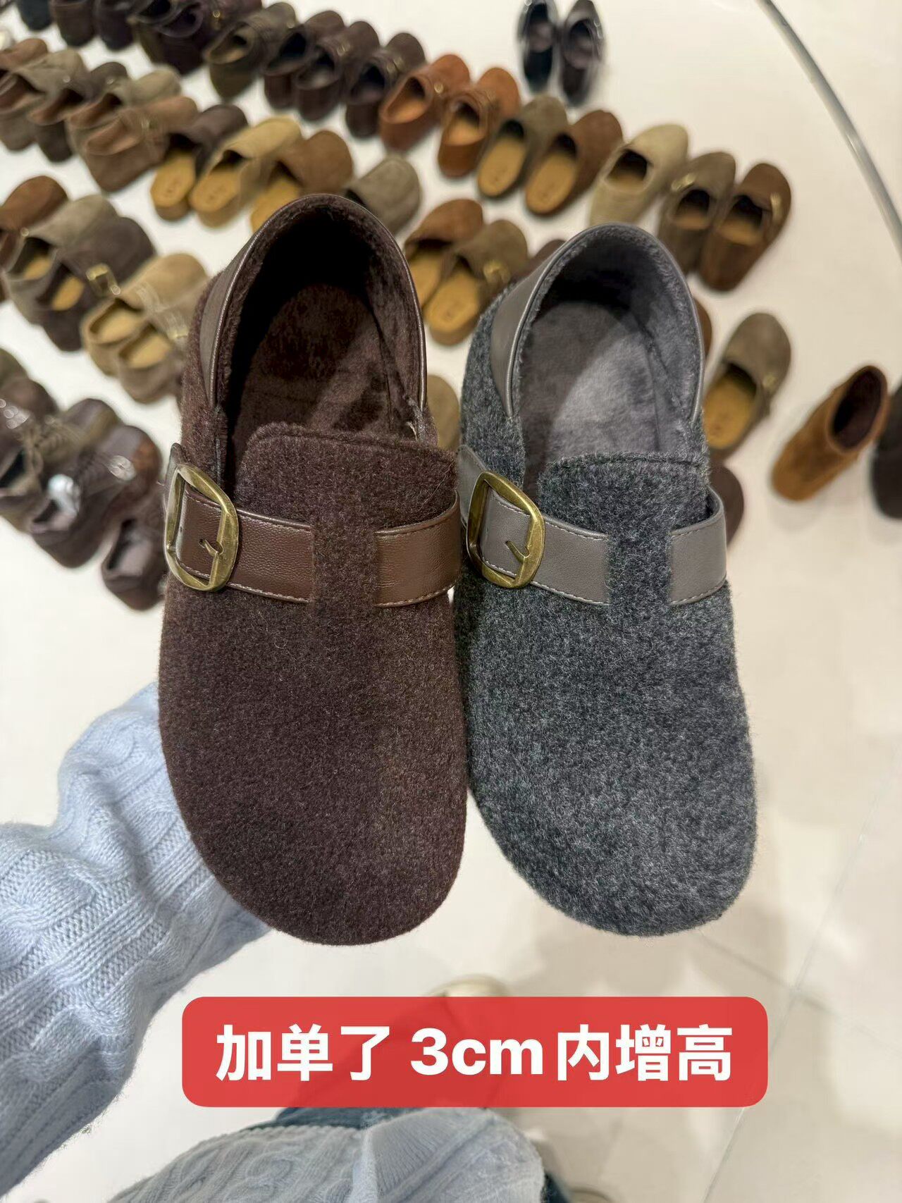 复古增高厚底毛毡全麦吐司勃肯鞋女毛呢面全包两穿文艺范加绒棉鞋