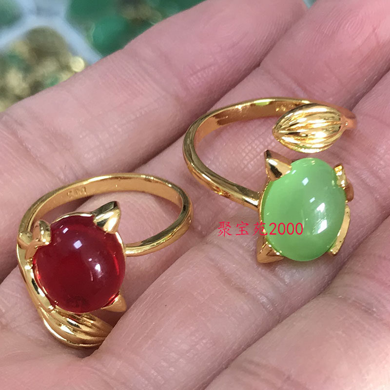 新款翡翠色女士戒指真品玉石指环气质百搭蛋面镶嵌尾戒马来玉戒圈