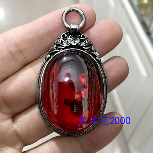 蛋形锆石镶嵌藏银复古气质吊坠人造合成宝石挂链坠女配饰红宝石