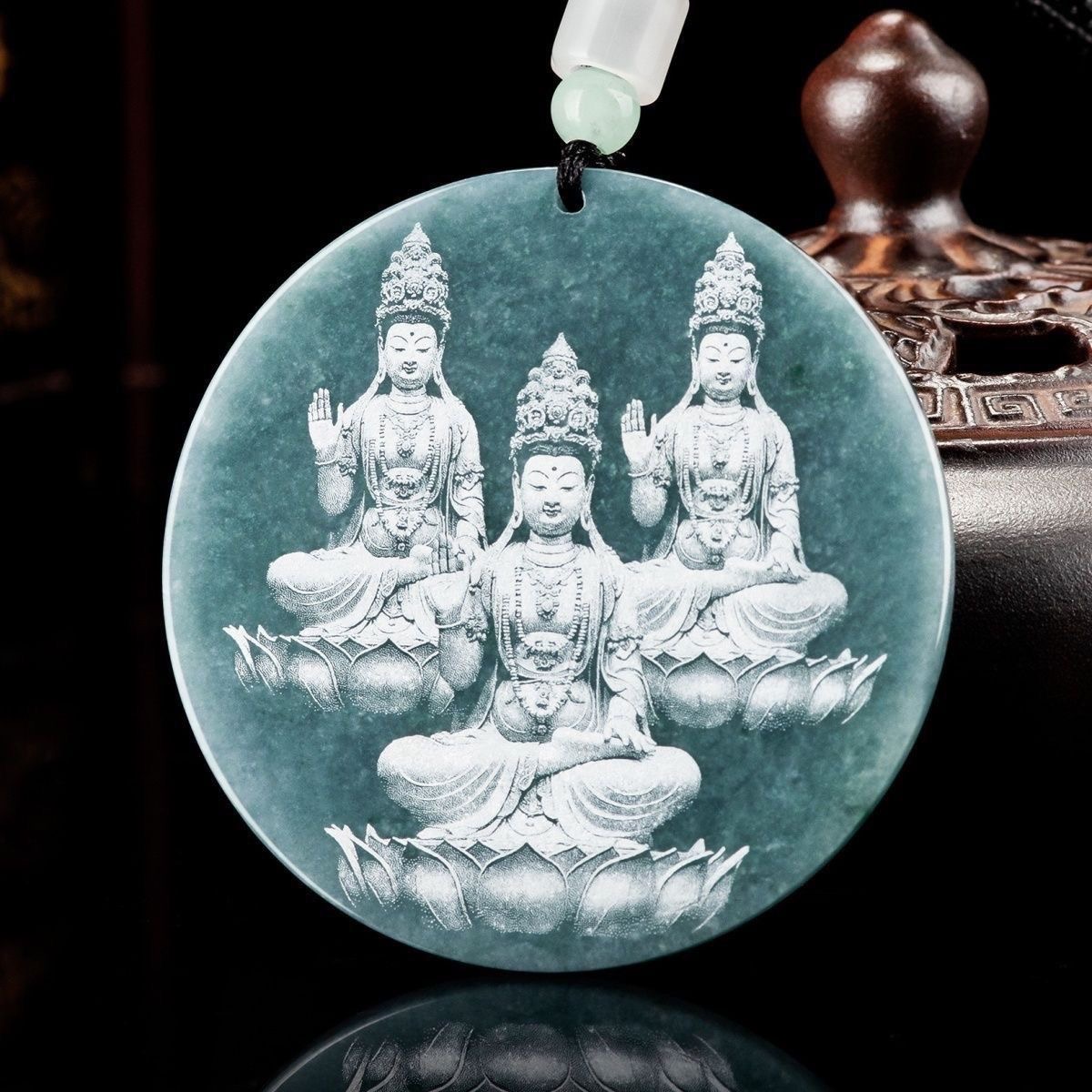 天然翡翠a货蓝水三圣观音吊坠冰种玉石影雕平安菩萨贴身玉佩守护